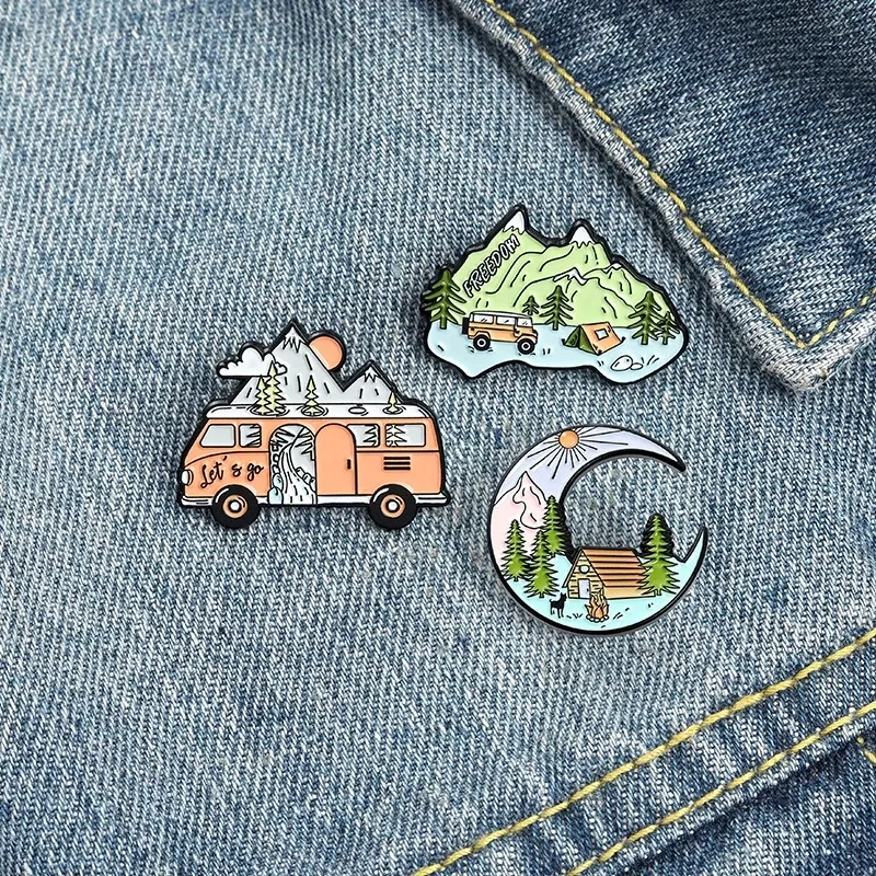 Pin de solapa para coche, accesorio personalizado de gran tamaño para montaña, senderismo, camping, furgoneta, juego de insignia de metal natural, pin esmaltado para acampar