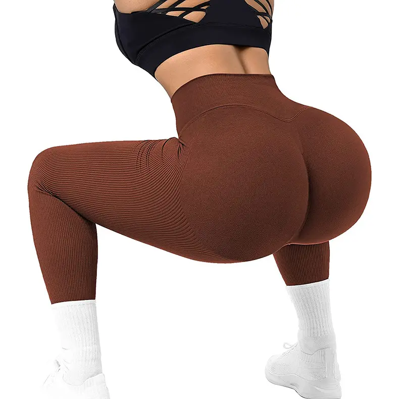 Women High Waist Soft Compression Stretchy Comfort Scrunch Butt Seamless Ribbed Gym Leggings