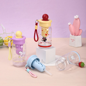 Jolie tasse ronde en plastique pour filles, bouteille d'eau portable avec paille, dessin animé, avec couvercle et poignée, pour usage extérieur - Product Image 2