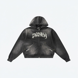 Washed Black <b>Zip</b> Up <b>Hoodie</b> Letter Embroidery Double Zipper Rivet <b>Pocket</b> Heavy Oversized Distressed Streetwear Custom Men <b>Hoodie</b> - Product Image 2
