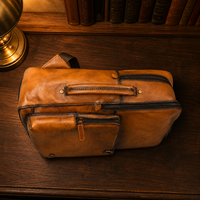 Sac à dos de voyage d'affaires vintage en cuir véritable imperméable avec fermeture éclair, marron cognac vieilli, en cuir pleine fleur, avec quincaillerie en laiton antique