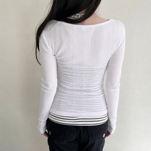 Camiseta de Manga Larga Blanca para Mujer, Ajustada, Informal, con Cuello Henley a Rayas, Botones, Tejido de Punto, Estilo Y2K - Product Image 5
