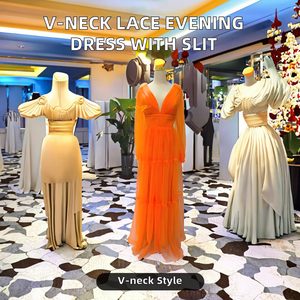 S1373N New Lace Drop Shipping Hot Selling Swing Sexy V-neck Slit A-Line Satin Long Skirt Tail Banquet Ladies Evening Dress - Product Image 2