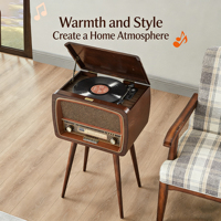 Tourne-disque vintage en bois multifonctionnel avec radio BT FM AM, USB, AUX, pour disques vinyles de différentes tailles, son HIFI sans perte pour la maison