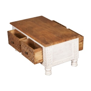 Handcrafted Wooden <b>Coffee</b> <b>Table</b> with Dual Drawers & Hidden Storage | Rustic <b>White</b> & Natural Finish Living Room Center <b>Table</b> - Product Image 4