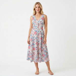 Vestido ajustado vintage de algodón para mujer, largo, informal, con estampado floral, sin mangas, cuello en V, disponible en tallas grandes, varios tamaños - Product Image 1