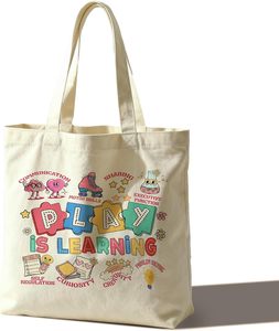 Borsa tote in tela con puzzle a tema cartoni animati "Giocare è imparare", borsa a tracolla riutilizzabile per la spesa, regali di apprezzamento per gli insegnanti della scuola materna - Product Image 1