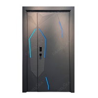 Porte d'entrée double en aluminium coulé LED futuriste avec relief géométrique abstrait 3D pour façade de villa moderne