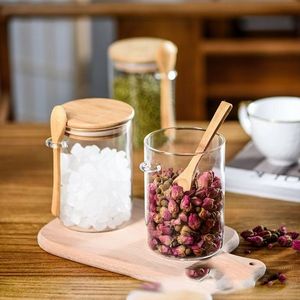 Pot en verre hermétique, boîte à thé portable avec cuillère, couvercle en bambou et en bois, rangement rond, boîte à café anti-humidité - Product Image 1