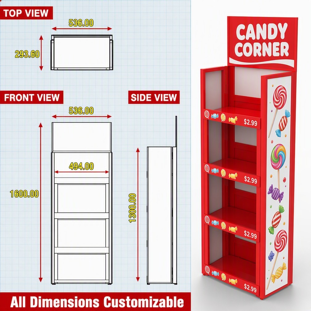 Apache Custom Candy Display Rack 4-Way 4-Tier Metal Confectionery Merchandiser Knock Down Rotating Stand for Gift Shop OEM ODM — view 4