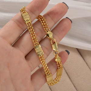 18k <b>gold</b> glossy polished adjustable dainty embossed textured panel multi strand <b>bead</b> chain sturdy luxury unisex <b>bracelet</b> - Product Image 3