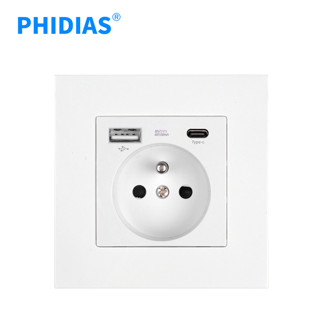 Europe Standard French 16A Wall Socket With Usb Type-c Fast Charging White Color Pc Material Power Socket Home Use 86*86