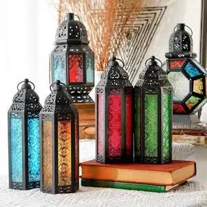 Metalen Ambachten Kleur Outdoor Sky Opknoping Decoratieve Marokkaanse Stijl Ramadan Lantaarn Glas Kandelaars Lantaarns En Kaars
