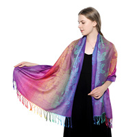Écharpe Pashmina tendance multicolore à motif cachemire avec pompons, style ethnique, brodée dégradée, 180 cm – Meilleure vente pour femme