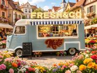Op maat gemaakte retro elektrische Citroën foodtruck-trailer met commerciële heteluchtoven voor bakkerij op de bloemenmarkt