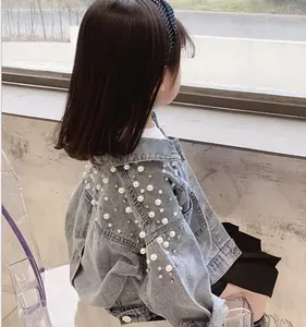 2024 New Kid Cô Gái Denim Màu Xanh Áo Khoác Cô Gái Dễ Thương Jean Áo Khoác Với Ngọc Trai Cho 2-8 T