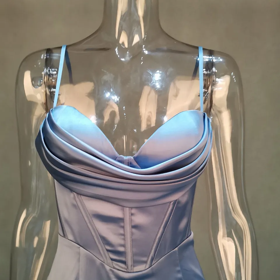 sky blue open chest sweetheart bra top ruffles sling mermaid sexy slit prom dresses completely backless silk dresses