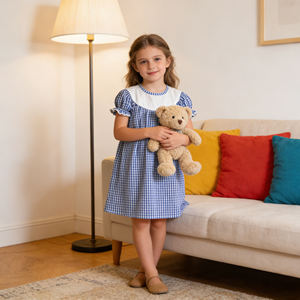 Robe à carreaux bleue pour filles avec col Peter Pan blanc, manches courtes à volants, robe décontractée d'été pour enfants - Product Image 1