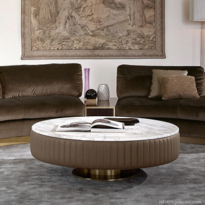 <b>High</b>-end Metal Base <b>Side</b> <b>Table</b> Italian Luxury Modern Leather Upholstered Round White Marble Coffee <b>Table</b> - Product Image 3