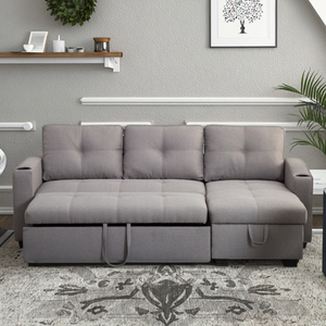 Modern <b>Sofa</b> Bed With Linen Fabric Upholstery And Wooden Frame Featuring <b>Pull</b> <b>out</b> sleeper bed With Storage Chaise - Product Image 2