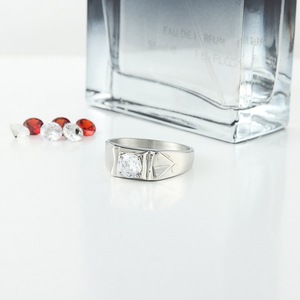 yunnique Men's Geometric <b>Titanium</b> Steel <b>Ring</b> With Black Stone Prong Setting Wedding Jewelry Silver Color - Product Image 4