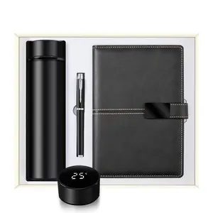 Leather Journal Hardcover Custom Logo Printing Notebook With Pen and temperature display vacuum flask gift for valentines