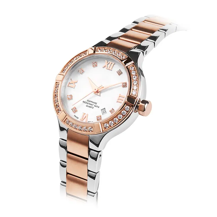 Wholesale New Design Rose Gold Genuine Leather Stainless Steel Strap Women Automatic Quartz Watch