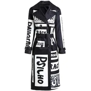 Winter Women Long Coat Letters Printing High Street Stylish Graffiti Casual Quality Windbreaker Plus Size Trench