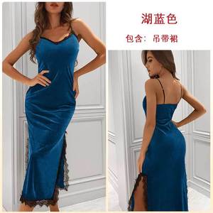 Pyjama sexy en velours et dentelle pour femme, robe de nuit <span class=keywords><strong>longue</strong></span> à bretelles, <span class=keywords><strong>dos</strong></span> <span class=keywords><strong>nu</strong></span>, tentation, pour l'automne et l'hiver - Product Image 3