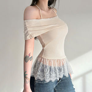 เสื้อยืดแขนสั้นคอ halter แต่งลูกไม้สีตัดต่อสำหรับผู้หญิง สไตล์ลำลอง แฟชั่นอเนกประสงค์ - Product Image 3