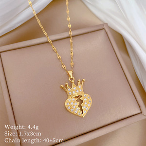 Elegante Collar de Diamantes Completos para Mujer, Cadena Versátil para Clavícula, Acero de Titanio de Lujo, Chapado en Oro de Moda, Corona, Corazón - Product Image 4