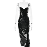 Neues Sexy Langes Kleid für Damen, Sommerkleider, Einfarbiges PU-Leder Trägerloses Kleid, Sexy Enges Rückenfreies Kleid