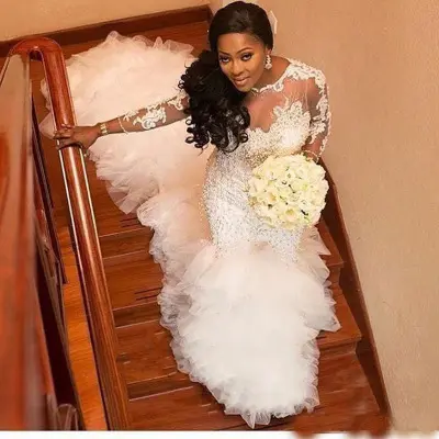 2022 Elegant Lace Long Sleeves Mermaid Custom Wedding Dress with Ruffles Train South Africa Plus Size Nigeria Wedding Gowns