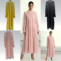 Robe Kaftan Modeste en Chiffon de Dubaï, Fabrication OEM, Robe Longue Maxi Romantique à Manches Longues avec Dentelle Rose 3D et Perles, Tenue de Cérémonie pour Invitée de Mariage ou de l'Aïd