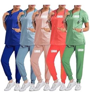 เสื้อสครับแขนสั้นมีซิปแบบลำลองมีโลโก้ป้องกันการเกิดรอยยับชุดพยาบาลกางเกงสครับขัดสำหรับโรงพยาบาล - Product Image 1