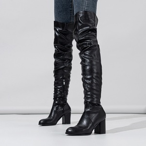 Ruffle Pleated PU Leather Over the Knee Boots Long Boots Thick <b>Block</b> High Heel Botas De Mujer Autumn Winter Boots 35-42 - Product Image 2
