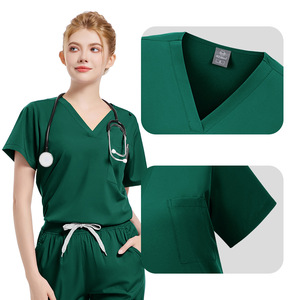Hospital Nurse Uniforms Split <b>Set</b> Moisture Wicking Women Elastic Fit <b>Scrubs</b> Pants V Neck Top With Label - Product Image 2