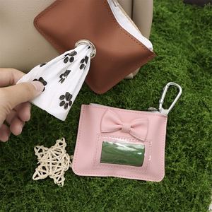 Vintage <b>Bow</b> Dog Poop Bag <b>Holder</b> Outdoor Portable PU Leather Dog Waste Bag Dispenser Zipered Pouch with Carabiner Clip - Product Image 1