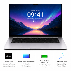 Original (95% Neuf) M-ac Book Pro 14 pouces, puce M1 Max (10+24 cœurs), 32 Go de RAM + 512 Go de SSD, qualité A, adapté aux bureaux commerciaux - Product Image 1