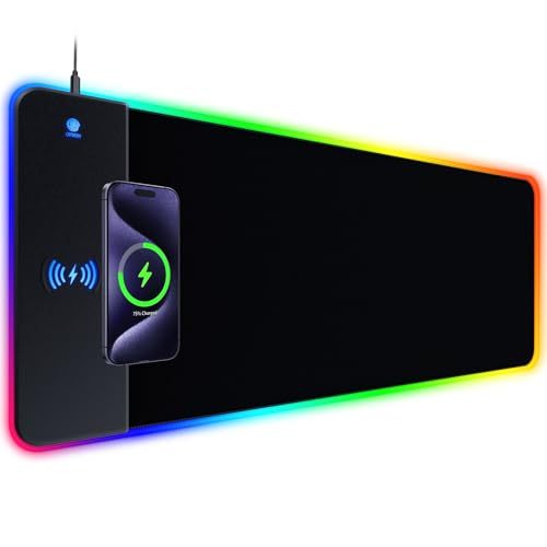 RGB Gaming Mouse Pad Wireless Charging Large LED Mouse Mat with 14 Lighting Modes XXL Mouse Pad Ergonomic Computer Desk-pad