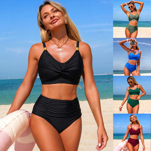 Traje de baño bikini de dos piezas para mujer, conjunto de top halter cruzado de cintura alta para playa y deportes acuáticos - Product Image 1
