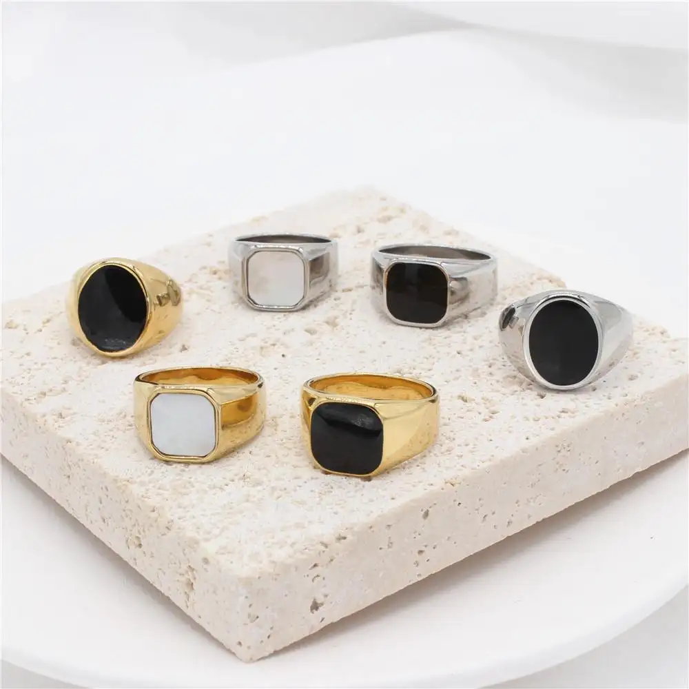 Zyo Fashion Designer Silver Signet Oval Shell Ring Stainless Steel Square Gold Plated Gemstone Rings for Men Women