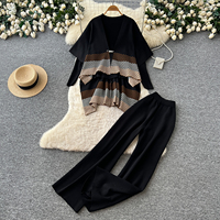 Ensemble tricoté 2 pièces pour femme, automne-hiver, motif chevron, cape cardigan, pantalon large, tenue décontractée assortie