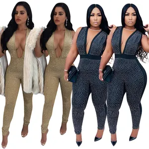 KME008 Night club deep v neck jumpsuits playsuits bling diamond sexy womens playsuit rompers for women