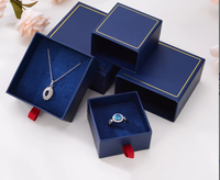 Boîte à tiroirs carrée bleue HTD avec bordure dorée, boîte de rangement pour bijoux noire, emballage avec ruban satiné pour bagues et colliers
