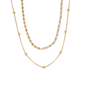 Collar de Perlas Ovaladas Estilo Francés, Cadena de Eslabones, Collar de Acero de Titanio con Imitación de Perlas en Oro de 18k para Mujer - Product Image 1