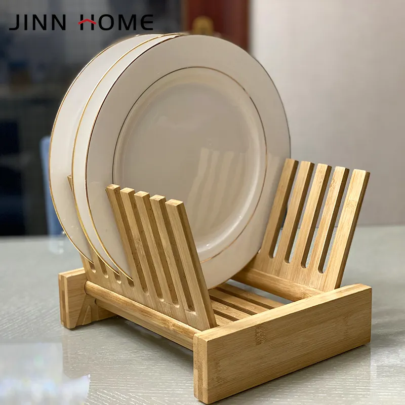 Jinn Home Foldable Bamboo Bowl Drain Rack Wooden Plates Storage Rack Crafts