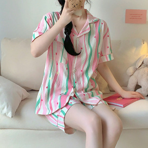 Pyjama en coton rayé SAMWESTART pour femmes, nouveau <span class=keywords><strong>short</strong></span> à manches courtes d'été, tenue de maison fine et douce - Product Image 5