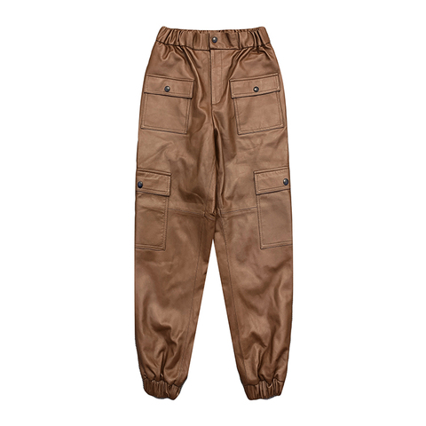 0652 New Fashion Lambskin Elastic Waist Pocket Pants Cargo Pants Genuine Leather Trousers