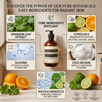 Gel Douche 2-en-1 Feuille de Géranium 560g – Extrait Herbal Apaisant et Éclaircissant pour la Peau, Huile d'Agrumes Rafraîchissante, Parfum Naturel Doux